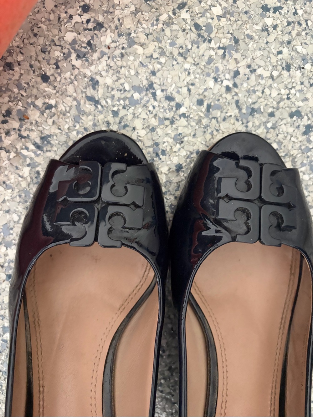 Tory Burch Black Patent Logo Peep-Toe Wedges - Picture 3 of 3